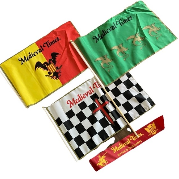 Other - 4 Vintage Cross Falcon Fleur-De-Lis Shield Medieval Times Tournament Flags Set..